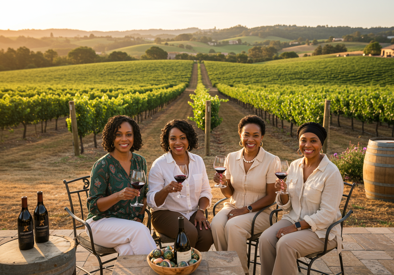 Four black womensipping wine at winery in California.